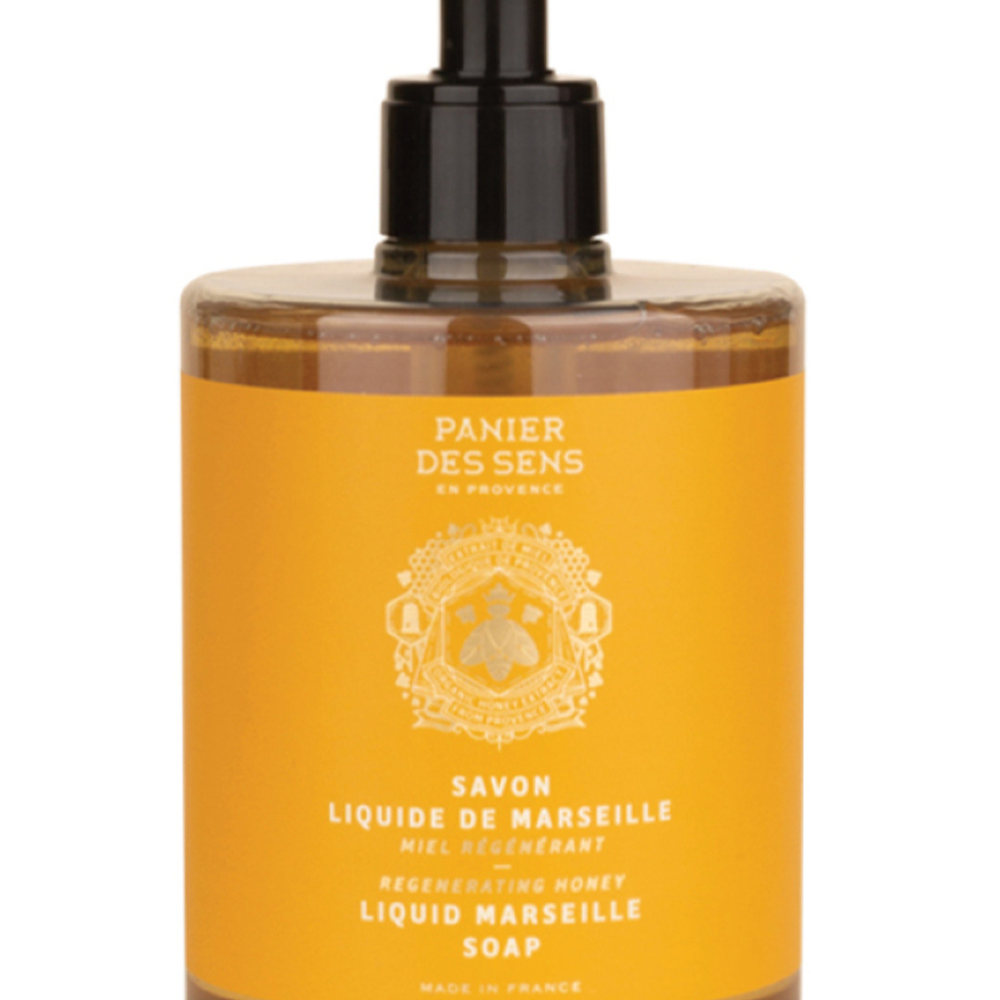 French liquid soap by Panier des Sens, enriched with organic honey, in a recyclable 500ml pump bottle.