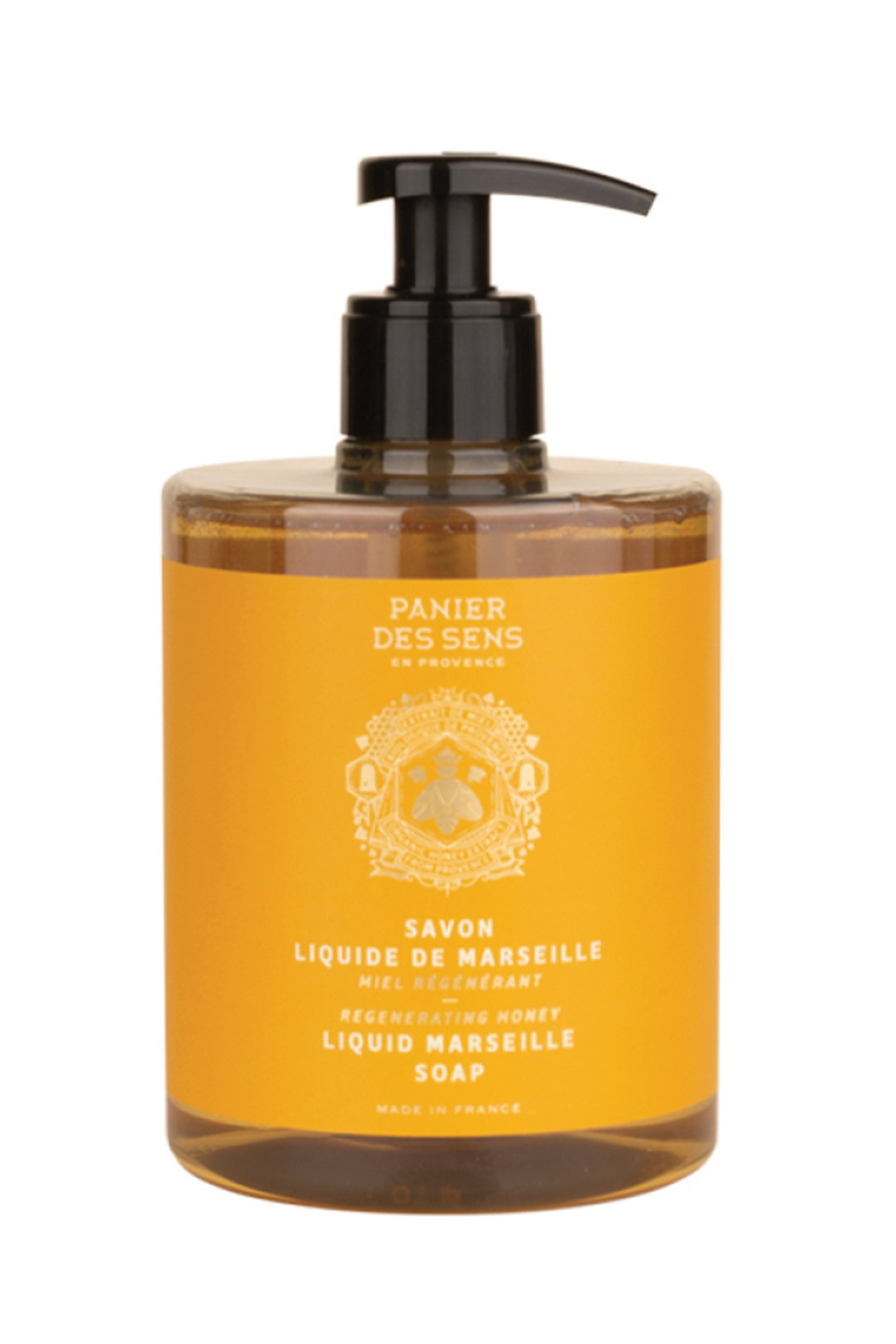 French liquid soap by Panier des Sens, enriched with organic honey, in a recyclable 500ml pump bottle.